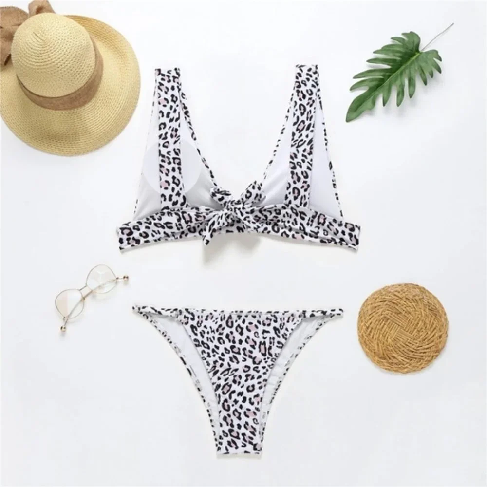 Animal Print V-plunge Triangle Bralette Bikini Set Swimsuit - Picture 3 of 8